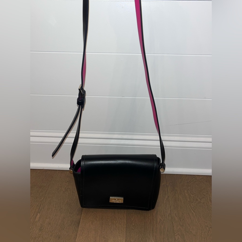 Kate Spade: Avva Arbour Hill in Black Leather w/ Hot Pink Lining: Crossbody Bag